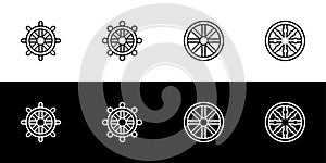 Eight spoked wheel icon set. Buddhist symbolism