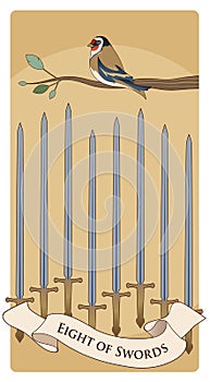 Eight of swords. Tarot cards. Bird on a branch on eight swords