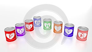 Eight tin cans in different colors with letters showing the word