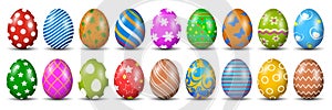 Eighteen Easter eggs, collection of colored eggs, Easter symbol -