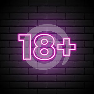 Eighteen plus, age limit, sign in neon style. Only for adults. Night bright neon sign, symbol 18 plus