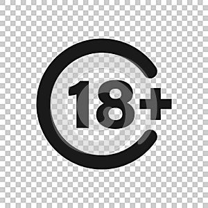 Eighteen plus icon in flat style. 18+ vector illustration on white isolated background. Censored business concept