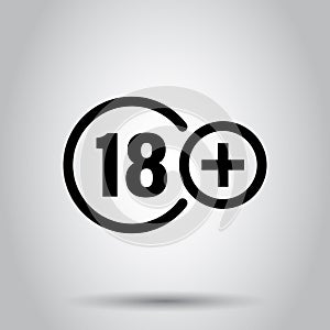 Eighteen plus icon in flat style. 18+ vector illustration on white isolated background. Censored business concept