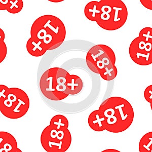Eighteen plus icon in flat style. 18+ vector illustration on white isolated background. Censored seamless pattern business concept