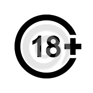 Eighteen plus icon. Number 18 in circle isolated on white background. Age censor symbol. Movie viewing or website