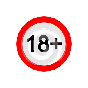 Eighteen plus icon. Number 18 in red circle isolated on white background. Age censor sign. Movie viewing or website