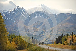 Eighteen-wheeler amongst Yukon mountains, Canada