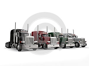 Eighteen wheeler trucks in black, red, green and silver colors