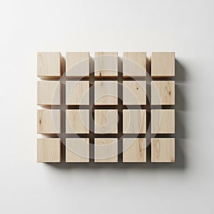 Eighteen wooden cubes arranged in a 3x6 grid pattern on a white surface. Each cube is uniformly