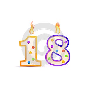 Eighteen years anniversary, 18 number shaped birthday candle with fire on white