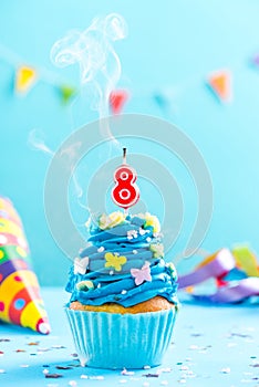 Eighth 8th birthday cupcake with candle blow out.Card mockup.