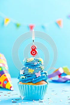 Eighth 8th birthday cupcake with candle. Card mockup.