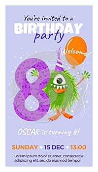 Eighth birthday party invitation with monster.