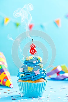 Eighth 8th birthday cupcake with candle blow out.Card mockup. photo