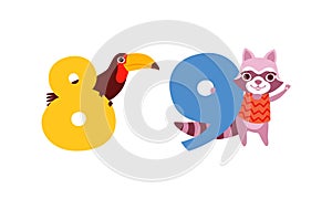 Eigth and Nine Numbers with Cute Toucan and Raccoon, Birthday Anniversary Numerals with Funny Animal and Bird Cartoon