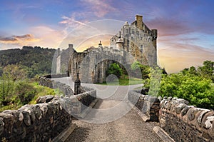 Eilean Donan Castle with at dramatic sunset, Scotland