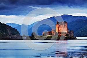 Eilean Donan Castle Panorama. Reflection on Lochalsh. Dornie, Highlands, Scotland. Isle of Skye. Most popular destination.