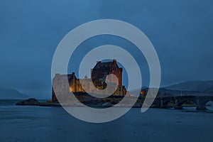 Eilean Donan Castle, Scotland, Uk, Highlands. Image after a storm at blue hour