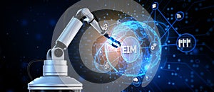 EIM Enterprise information management business and industrial technology concept. 3d render cobot robotic arm