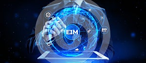 EIM Enterprise information management system. 3d render robot pressing virtual button