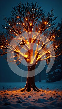Ein Baum mit einer gl?nzenden Lichterkette bekr?nt baum christentagsgruss photo