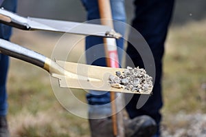 A golden spade at a groundbreaking ceremony for a building photo