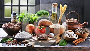 Ecological organic food on a kitchen table photo