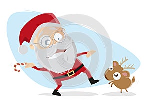 Cartoon illustration of santa claus playing stick throwing game with little reindeer