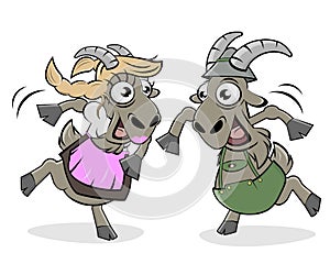 Funny cartoon illustration of dancing goats in bavarian lederhosen and bavarian dirndl photo