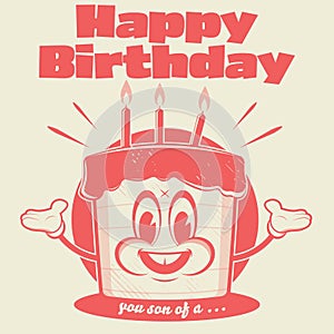 Funny birthday cake in retro cartoon style with sarcastic comment photo