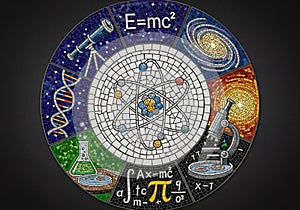 Einstein's equation (E mc^2 ), galaxy spirals, a microscope,