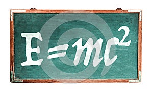EinsteinÃÂ´s relativity theory E=mc2 equation mass energy equivalence on green old grungy vintage wide wooden chalkboard