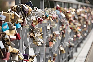 The Eiserner Steg, a bridge covered in love locks in Frankfurt, Germany photo
