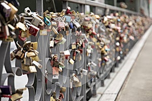 The Eiserner Steg, a bridge covered in love locks in Frankfurt, Germany photo