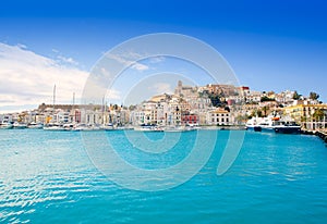 Eivissa Ibiza town with church under blue sky