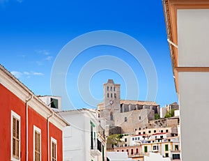 Eivissa Ibiza town with church under blue sky