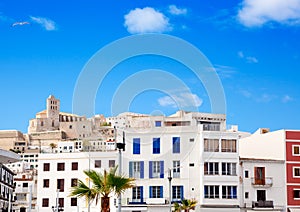 Eivissa Ibiza town with church under blue sky photo