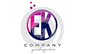 EK E K Circle Letter Logo Design with Purple Dots Bubbles