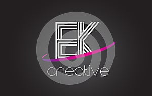 EK E K Letter Logo with Lines Design And Purple Swoosh.