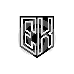 EK Logo monogram shield geometric white line inside black shield color design