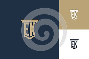 EK monogram initials logo design with pillar icon. Attorney law logo design