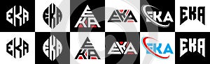 EKA letter logo design in six style. EKA polygon, circle, triangle, hexagon, flat and simple style with black and white color