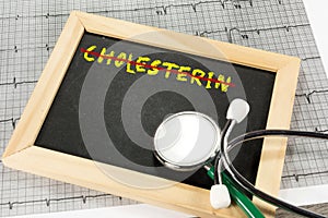 EKG, stethoscope and a warning about the cholesterol