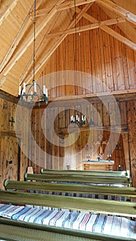 Interior of Scandinavian timbered church or stavkyrka of Eksharad in Sweden photo