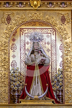 El Almendro, Huelva, Spain - March 13, 2021: Detail of virgin Nuestra SeÃÂ±ora de Piedras Albas, inside the hermitage with the same photo