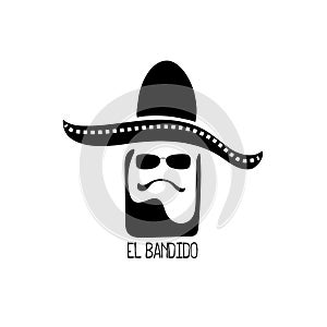 El bandido vector logo with man head in sombrero. Mexican logotype with character. Black white vector icon photo