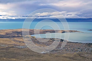 El Calafate top view. Evening sunset nature landscape magic dreamy cloud on the sky in Patagonia