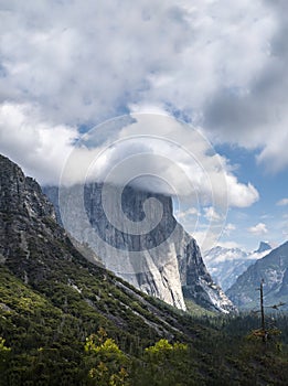 El Capitan with cloud on top. Yosemite national park, California, beautiful Tunnel View