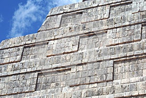 El Castillo details. closeup to a Mexican Pyramid. Temple of Kukulcan in Chichen Itza, Mexico