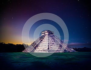 El Castillo pyramid in Chichen Itza, Yucatan, Mexico, at night